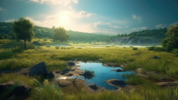 Eine Landschaft mit einem Teich und einem Sonnenuntergang im Hintergrund