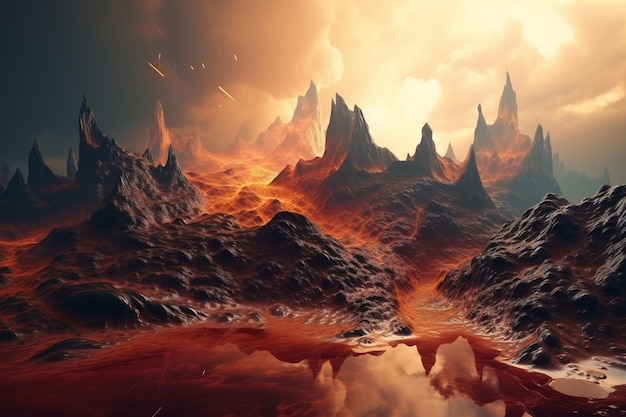 Eine Landschaft mit einem Vulkan und einer Wolke mit einem Feuer am Himmel.