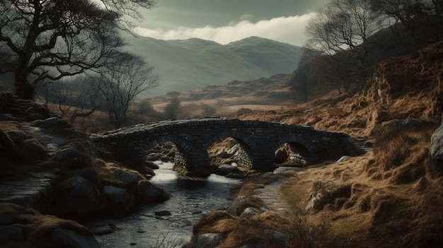 Eine Landschaft mit einer Brücke über einen Fluss und Bergen im Hintergrund.