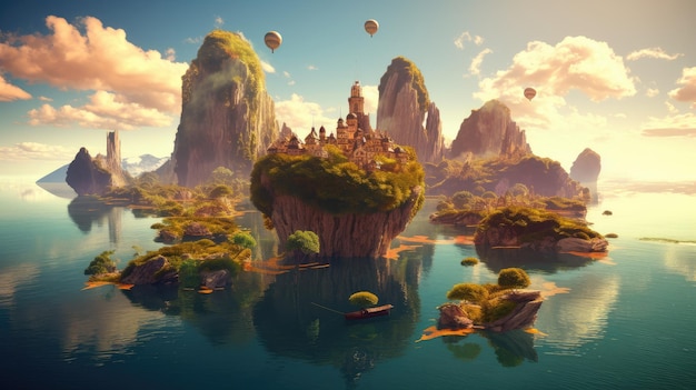 Eine Landschaft mit einer Burg auf einem Felsen und einem See mit ein paar Ballons, die am Himmel schweben.