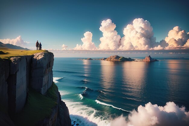 Eine Landschaft mit einer Klippe und einem blauen Himmel mit Wolken