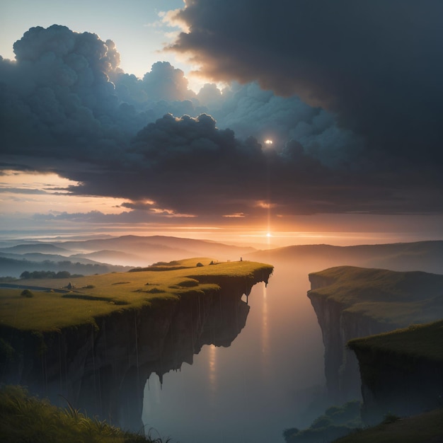 Eine Landschaft mit einer Klippe und einem Sonnenuntergang, auf dem eine Person steht