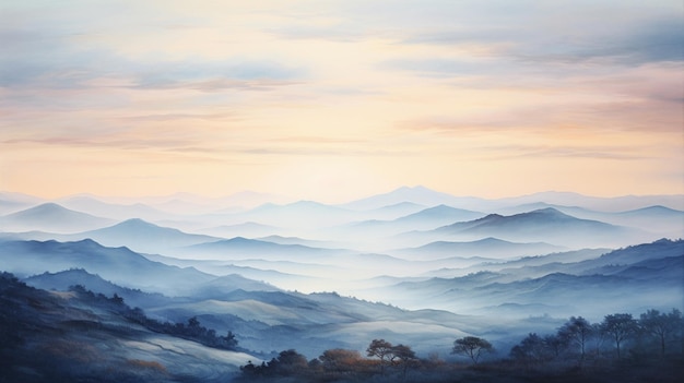 Eine Landschaft mit Hügeln, die mit Aquarell gemalt wurden