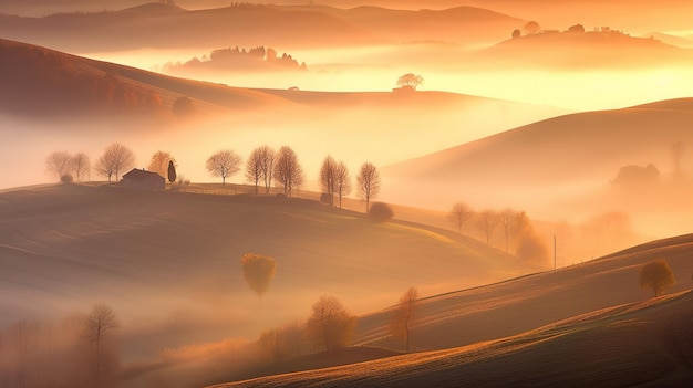 Eine Landschaft mit Hügeln und Bäumen im Nebel