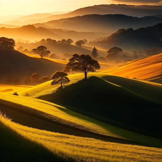 Eine Landschaft mit Hügeln und Bäumen im Vordergrund und der Sonne am Horizont.