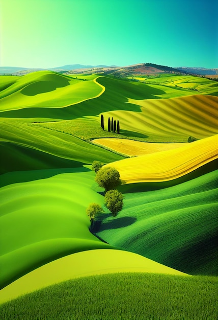 Eine Landschaft mit Hügeln und Bäumen im Vordergrund und einem blauen Himmel im Hintergrund.