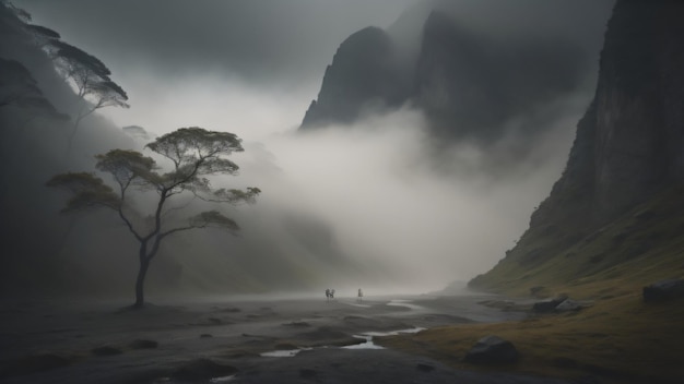 Eine Landschaft mit Nebel und Bergen im Hintergrund