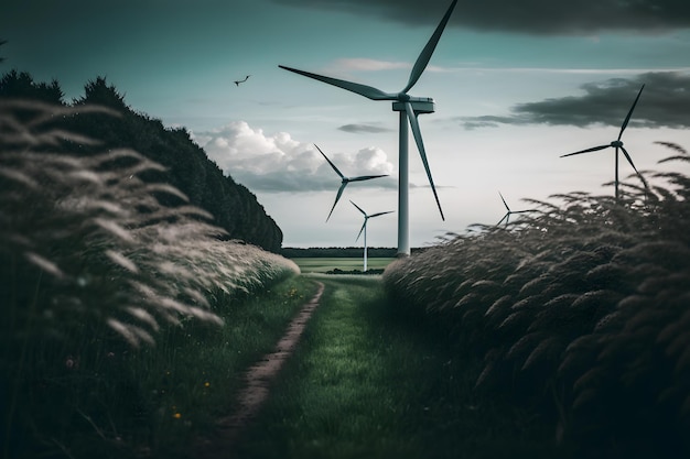 Eine Landschaft mit Windkraftanlagen und einem Vogel, der in den Himmel fliegt