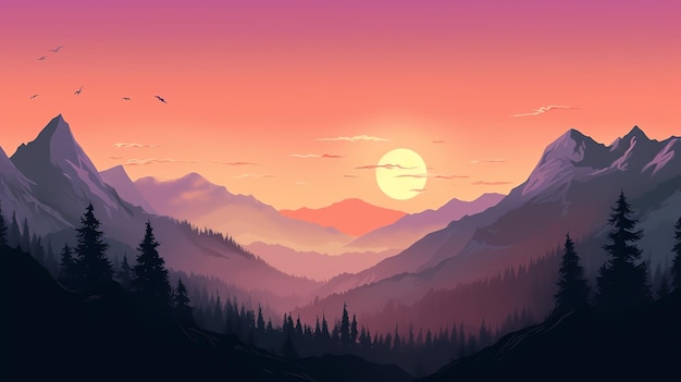 Eine Landschaft von Bergen mit Bäumen und einem Sonnenuntergang