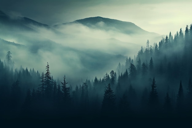 Eine Landschaft von bewaldeten Bergen voller Nebel