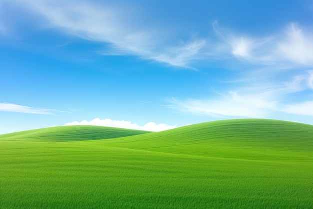 Eine Landschaftsansicht, die eine abfallende Wiese zeigt, die mit üppigem grünem Gras unter einem wunderschönen Blau bedeckt ist