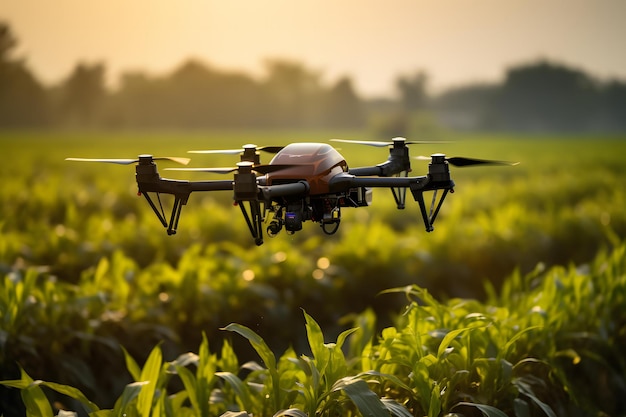 Eine landwirtschaftliche Drohne, die über einem lebendigen grünen Feld schwebt. Generative KI