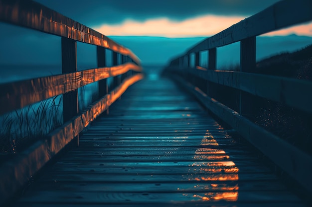 Eine lange Holzbrücke mit einem dunklen Himmel im Hintergrund