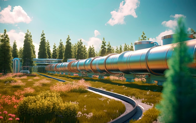 Eine lange Pipeline mit blauem Himmel und Bäumen im Hintergrund.