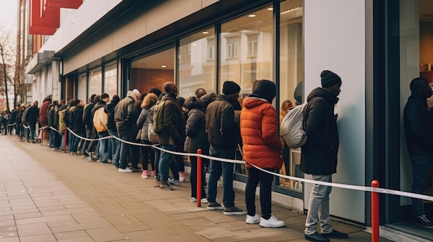 Eine lange Schlange von Käufern wartet am Black Friday vor einem Geschäft