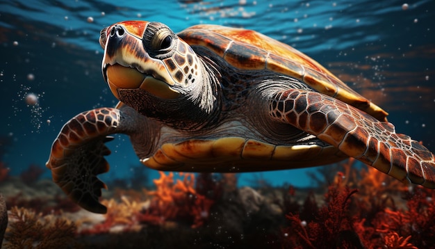 Eine langsame Meeresschildkröte schwimmt in der Unterwasserschönheit, die durch künstliche Intelligenz erzeugt wird