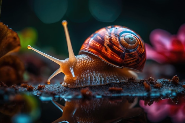 Eine langsame Traubenschnecke kriecht im Wald. Bokeh im Hintergrund. Generative KI