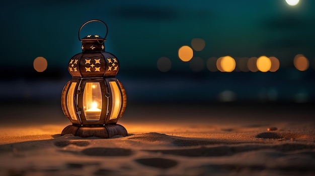 Eine Laterne am nächtlichen Strand mit den Lichtern im Hintergrund