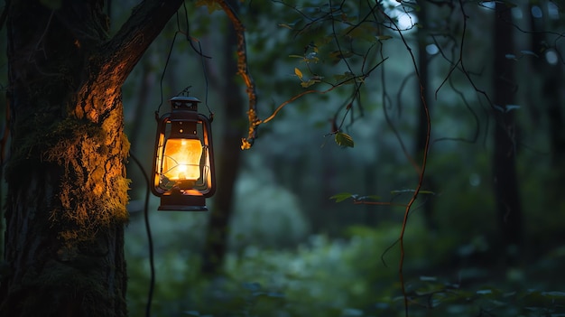 Foto eine laterne hängt nachts im wald an einem baum, die laterne leuchtet und das licht wirft schatten auf die bäume.
