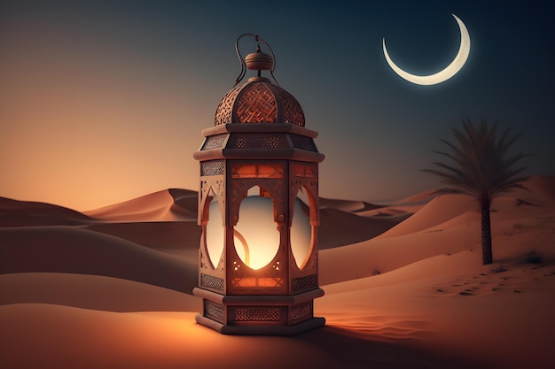 Eine Laterne in der Wüste mit dem Mond im Hintergrund