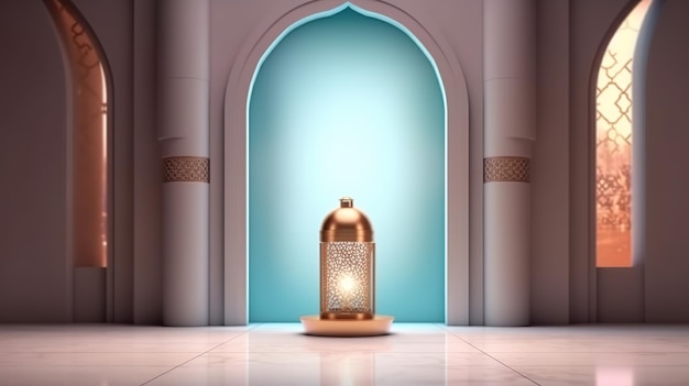 Eine Laterne in einer Moschee mit blauem Hintergrund und dem Text Ramadan