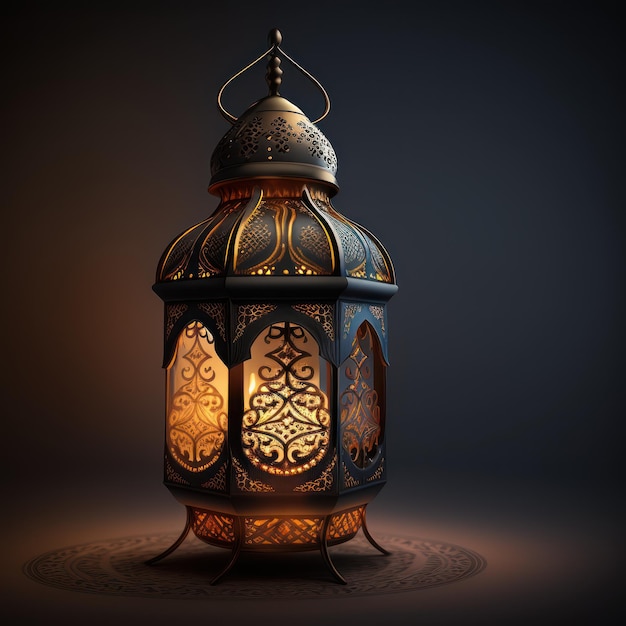 Eine Laterne mit dem Licht darauf wird mit dem Wort Ramadan beleuchtet.