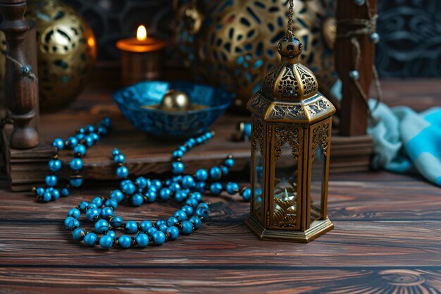 eine Laterne mit einem blauen Perlenhalsband sitzt auf einem Tisch mit blauen perlen