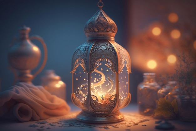 Eine Laterne mit einem Licht, das islamischen Hintergrund hat