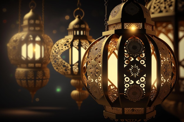 Eine Laterne mit eingeschalteten Lichtern und dem Wort Ramadan darauf