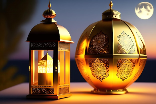 Eine Laterne und eine Lampe werden mit den Worten Ramadan angezündet.