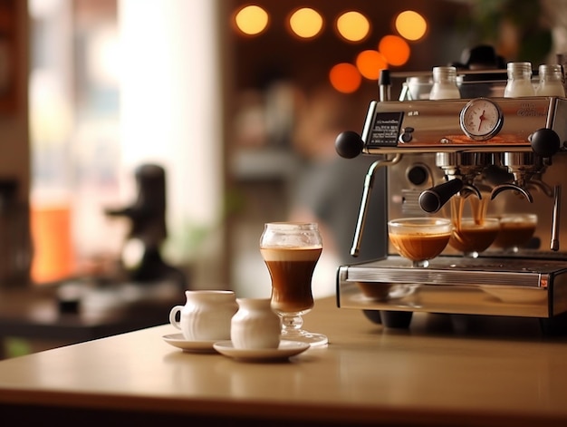 Eine Latte-Maschine steht auf einem Tisch in einem Café, im Hintergrund ein Glas Espresso.