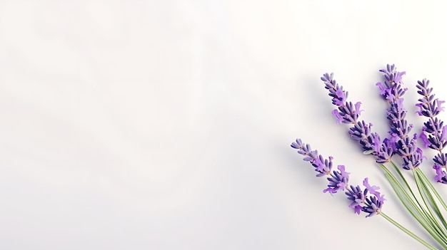 Eine Lavendelblüten-Langaufnahme, Kopienraum, lag flach auf einer weißen Oberfläche