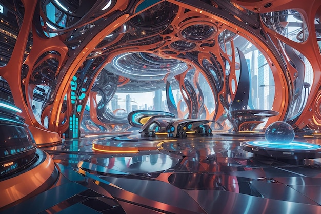 Eine lebendige, abstrakte Darstellung eines futuristischen Technologiezentrums mit komplizierten Mustern und Formen