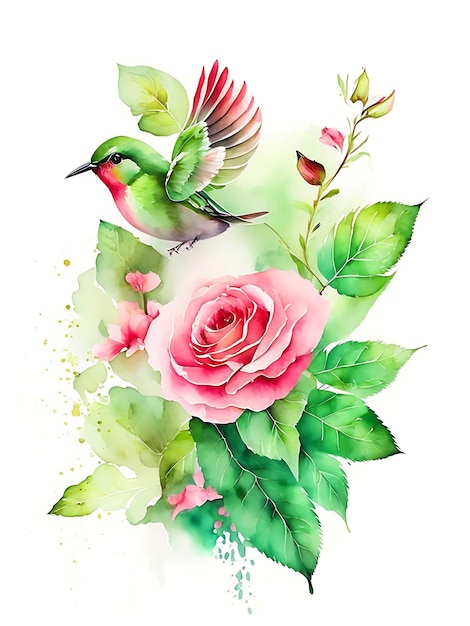 Eine lebendige Aquarell-Rose, deren Blütenblätter zart in einem dunkelgrünen Blatt skizziert sind