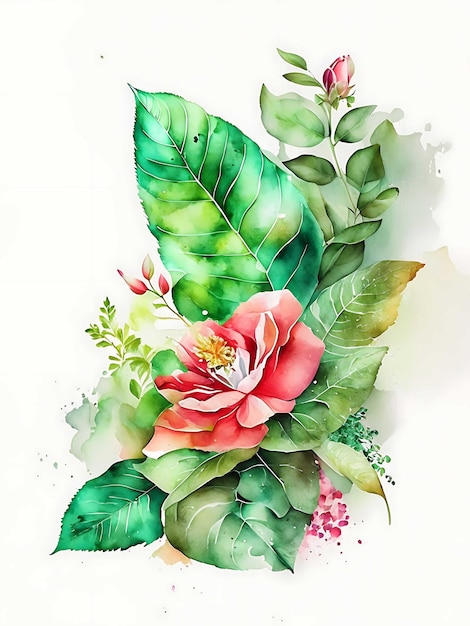 Eine lebendige Aquarell-Rose, deren Blütenblätter zart in einem dunkelgrünen Blatt skizziert sind