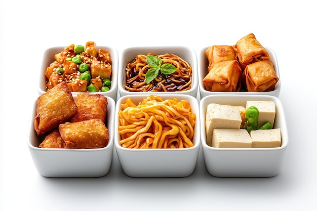 Eine lebendige Auswahl an asiatischen Gerichten, darunter Nudeln, Tofu, Frühlingsrollen und Gemüse, schön in weißen Schüsseln präsentiert