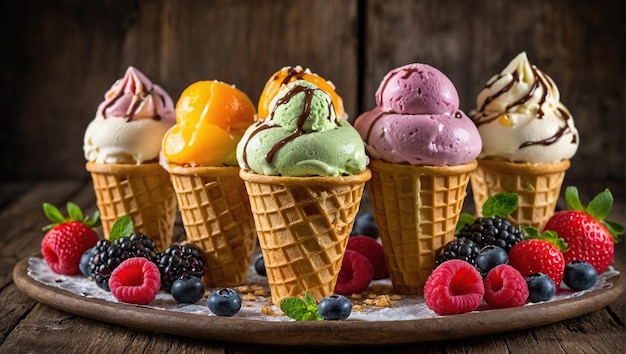 Eine lebendige Auswahl an cremigen pastellfarbenen Eiscreme-Geschmacksrichtungen, die jeweils in einem knusprigen Waffelkegel eingebettet sind