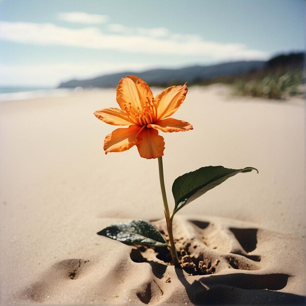 Foto eine lebendige blume blüht auf dem sand an einem strand unter dem blauen sommerhimmel naturlandschaft