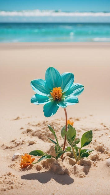 Eine lebendige Blume blüht auf dem Sand an einem Strand unter dem blauen Sommerhimmel Naturlandschaft