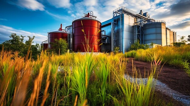 Eine lebendige Darstellung einer modernen Bioenergieanlage, die Abfall in nachhaltigen Brennstoff umwandelt, der Fortschritt und Hoffnung symbolisiert