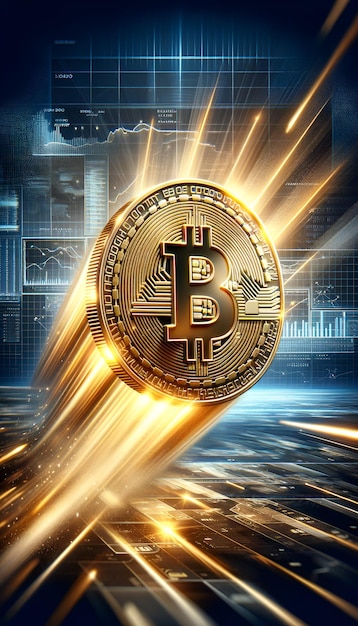 Eine lebendige Darstellung eines Bitcoin-Symbols, das von elektrischen Strömen und Lichtstrahlen umgeben ist, die c darstellen