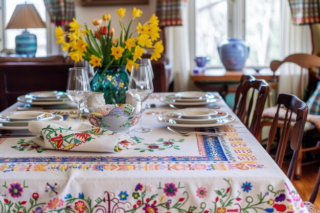 Eine lebendige Darstellung von Tradition und Handwerkskunst Das aufwendig gekreuzte Ostertischtuch