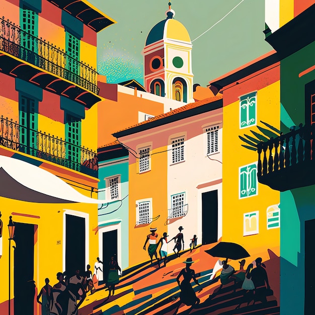 Eine lebendige digitale Illustration von Salvador Bahia mit farbenfroher Kolonialarchitektur