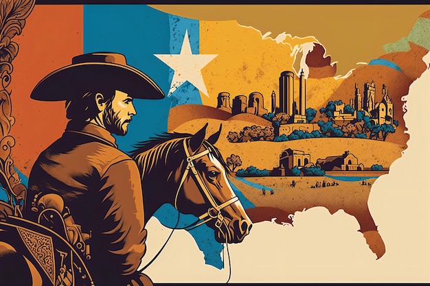 Eine lebendige digitale Illustration von Texas mit einem Cowboy auf dem Pferd vor einem großen einsamen St