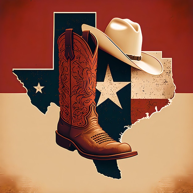 Eine lebendige digitale Illustration von Texas mit einem Cowboy auf dem Pferd vor einem großen einsamen St