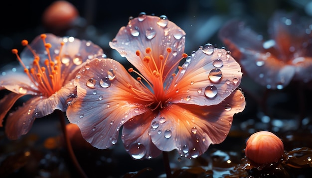 Eine lebendige, feuchte Blumenblüte spiegelt die Schönheit der Natur unter Wasser wider, die durch künstliche Intelligenz erzeugt wurde