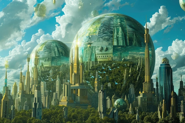 Eine lebendige futuristische Metropole mit hoch aufragenden Wolkenkratzern. Eine magisch-realistische Interpretation einer prosperierenden Wirtschaft, KI-generiert