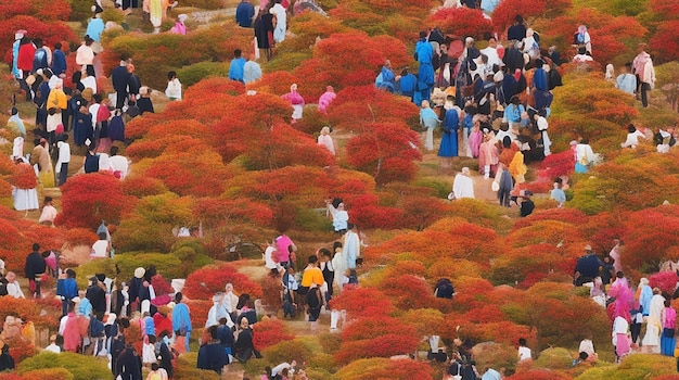 Eine lebendige Herbstlandschaft mit einer traditionellen Chuseok-Feier in vollem Gange