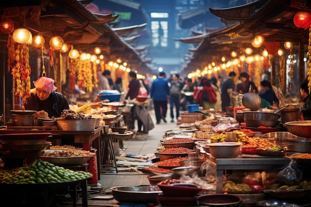 Eine lebendige Marktszene voller herumlaufender Menschen und einer großen Auswahl an Essensständen. Lebensmittelmarktstraße in Peking, China, KI-generiert