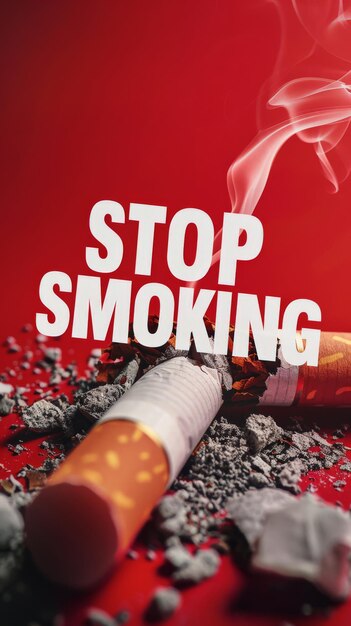 Eine lebendige Nahaufnahme einer brennenden Zigarette auf Rot, die die Botschaft STOP SMOKING betont